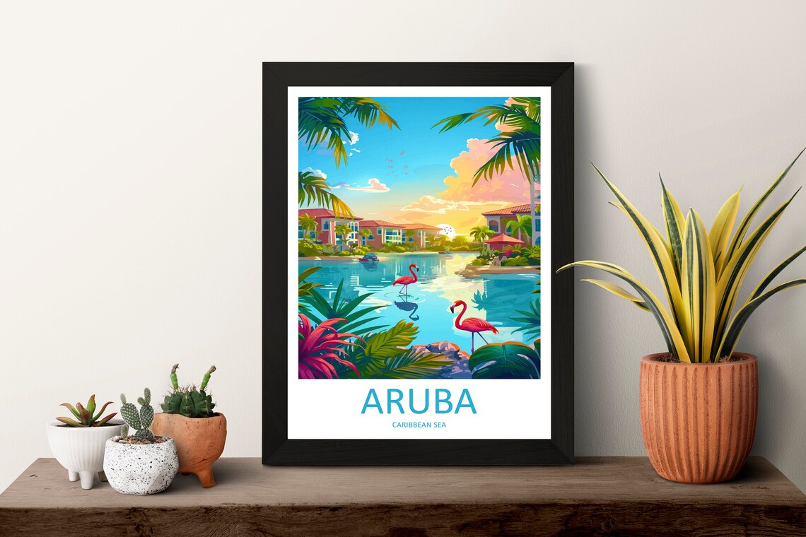 Aruba Caribbean Flamingo Lagoon Island Resort Sunset Travel Poster - Image 3