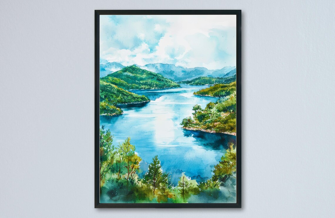 Mljet Island Lake Green Forested Hills Tranquil Watercolor Poster