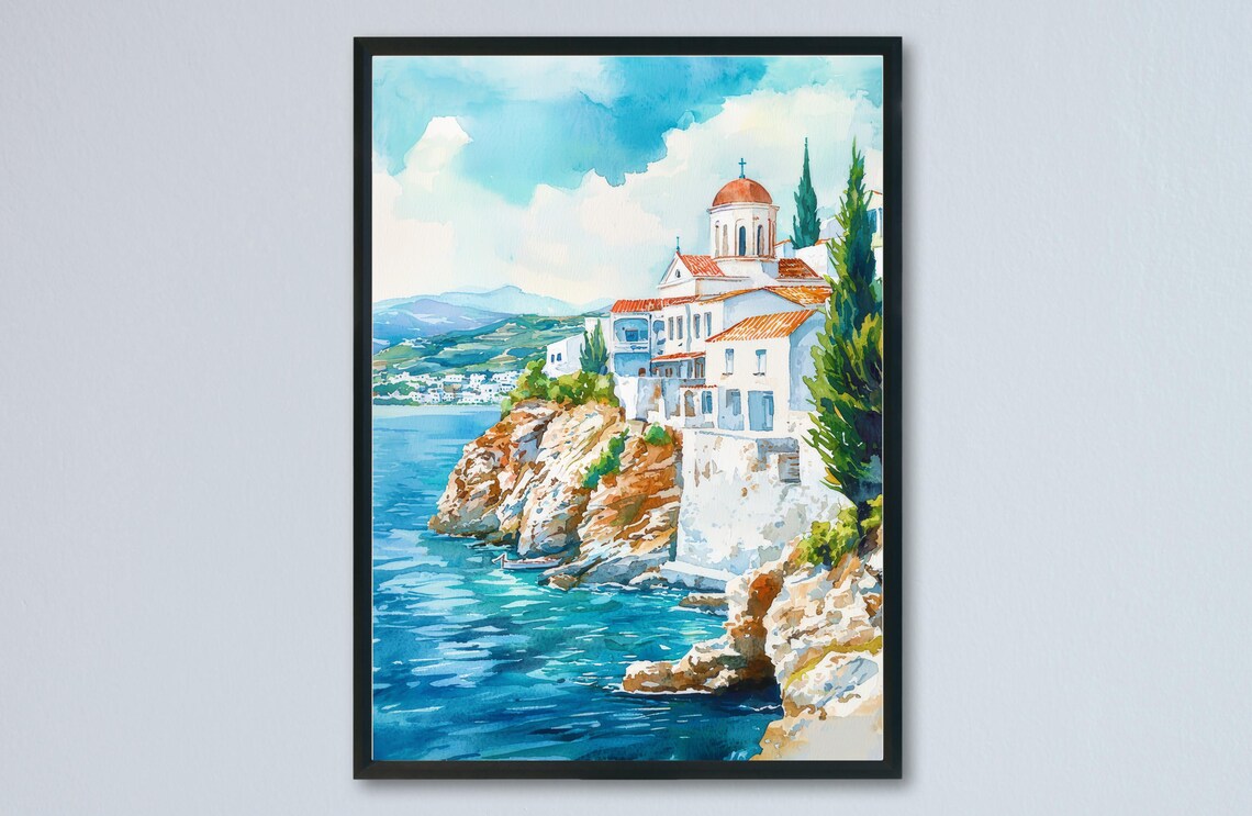 Andros Greece Cliffside Church Sea Watercolor Travel Art Poster