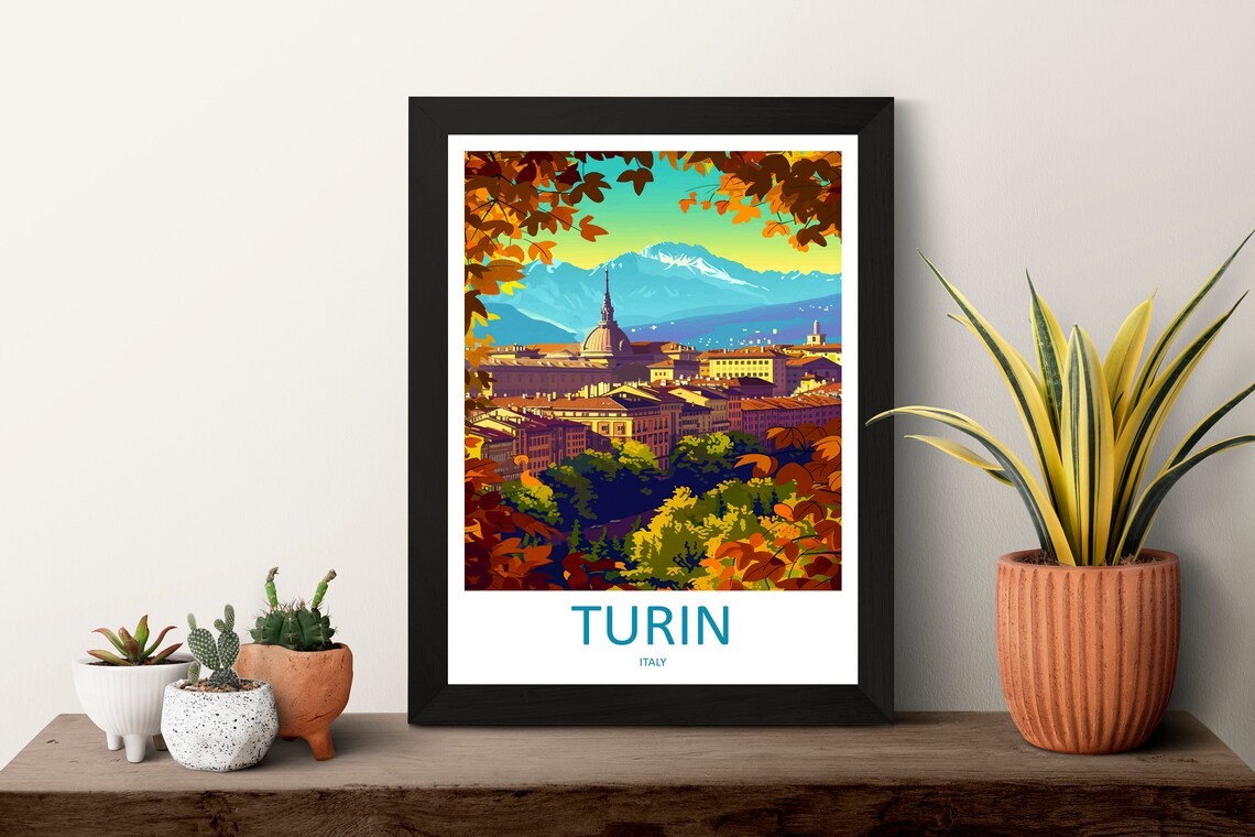 Turin Italy Autumn Cityscape Mole Antonelliana Alps Vintage Poster Art - Image 3