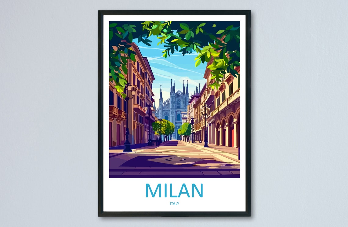 Milan Italy Street Poster with Duomo Cathedral in Leafy Avenue