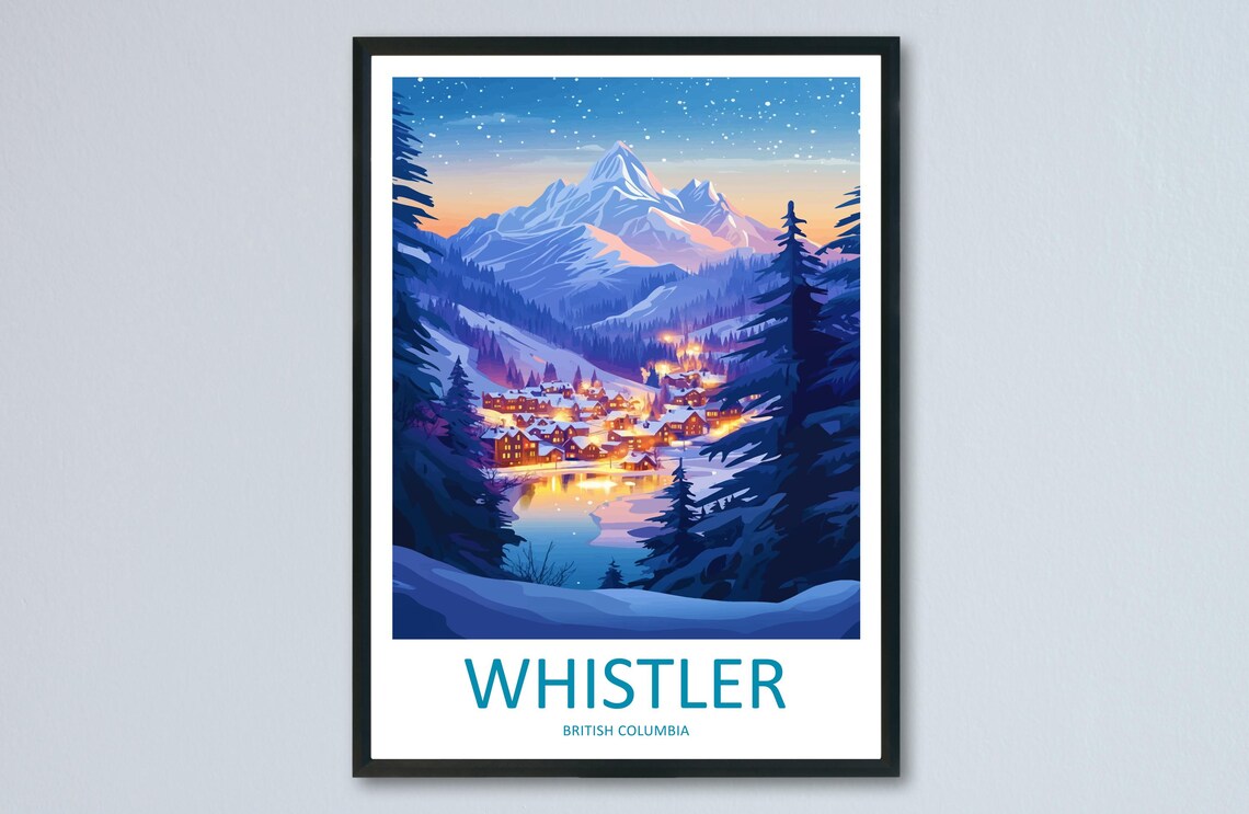 Whistler British Columbia Night Village Lake Glow Travel Poster