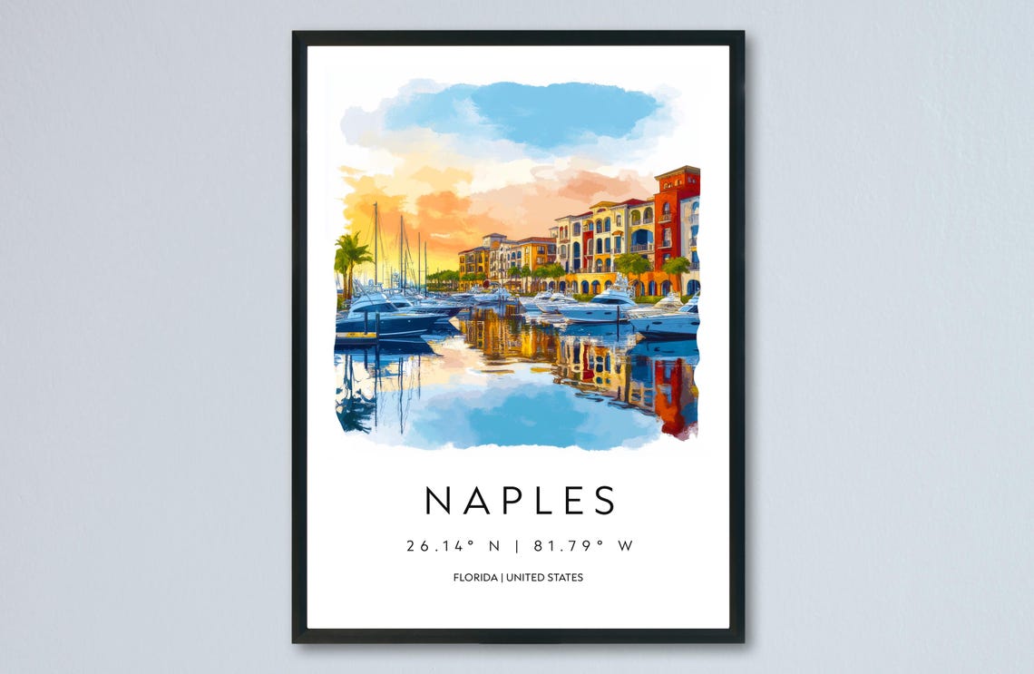 Naples Florida Marina Sunset Colorful Waterfront Watercolor Poster