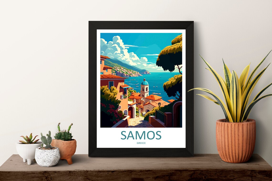 Samos Greece Aegean Coastal Village Bell Tower Travel Poster - Image 3