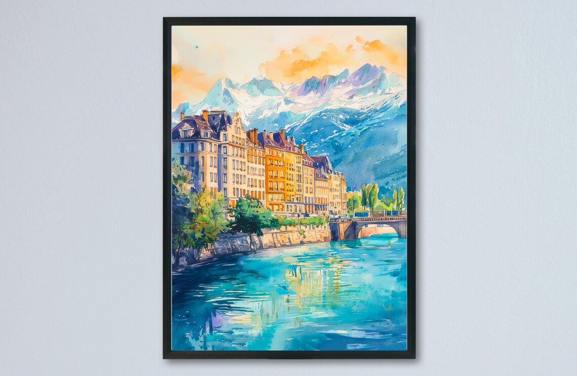Grenoble France Alps River City Snowy Peaks Watercolor Art Poster