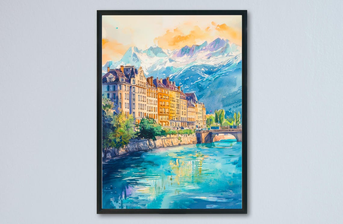 Grenoble Watercolor Poster Travel Print France Wall Art Decor Mountain City Scene French Alps Landscape Urban