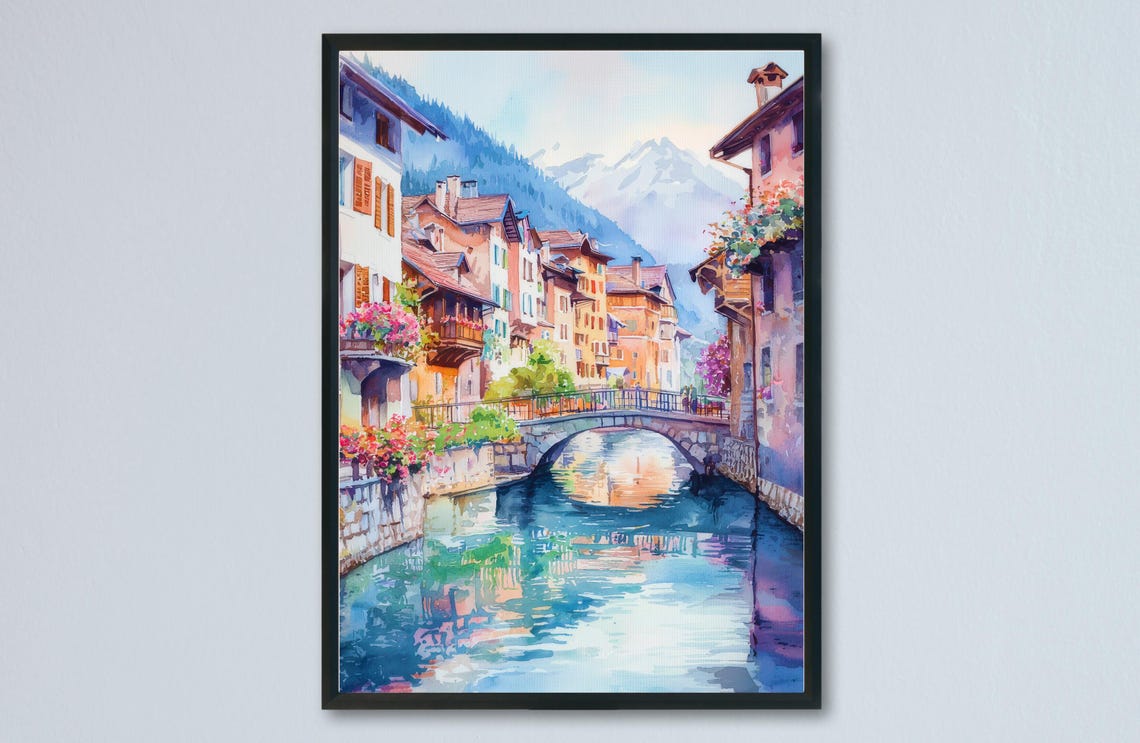 Annecy Watercolor Poster Travel Print France Wall Art Decor Lake Scene French Alps City Landscape Canal Village View