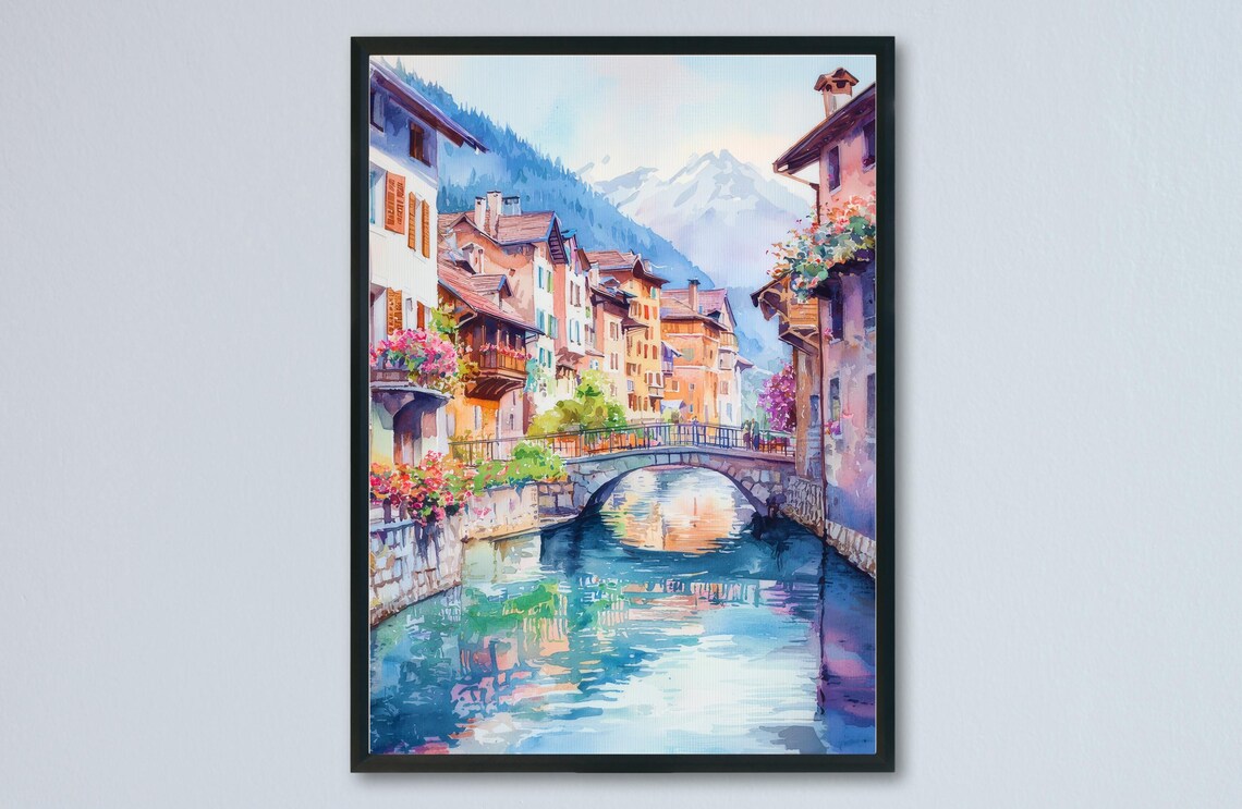 Charming Alpine Town Canal Stone Bridge Mountain Watercolor Poster