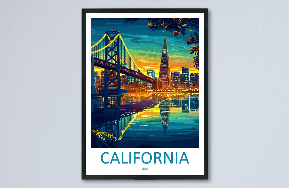 San Francisco Bay Bridge Night Lights California USA Travel Poster