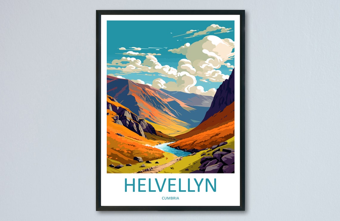 Helvellyn Cumbria Travel Poster Mountain Valley River Hiking Landscape
