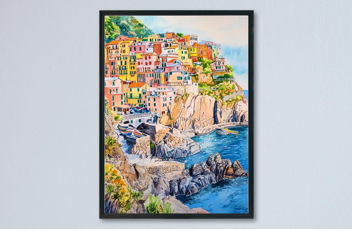 Cinque Terre Manarola Rainbow Houses Cliff Harbor Watercolor Poster
