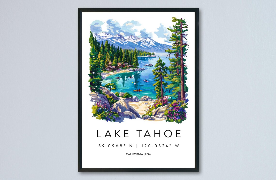 Lake Tahoe California Watercolor Turquoise Cove Kayaks Mountain Poster