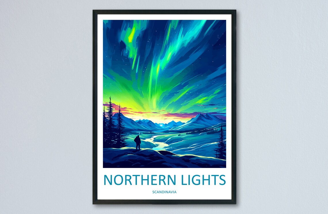 Northern Lights Scandinavia Aurora Snowy Peaks Night Travel Poster