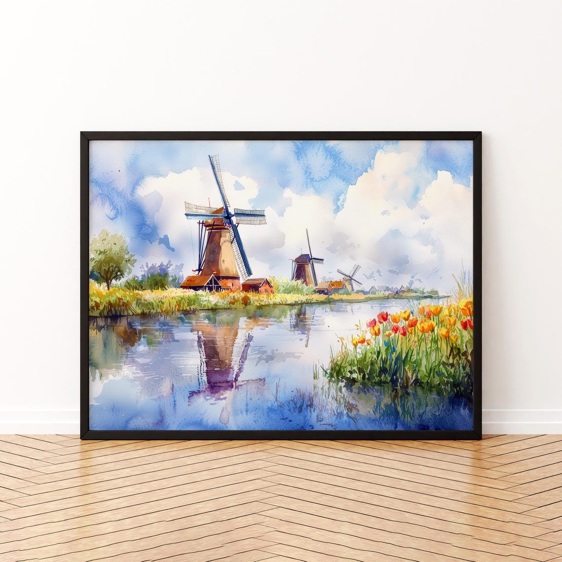 Kinderdijk Netherlands Windmills Canal Tulips Watercolor Poster