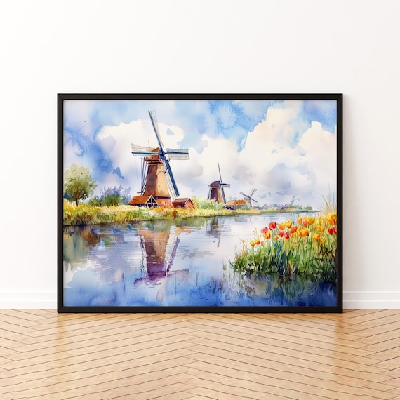 Kinderdijk Netherlands Windmills Canal Tulips Watercolor Poster