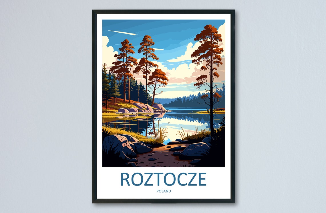 Roztocze Poland Still Lake Mirrored Pines Retro Travel Poster Art