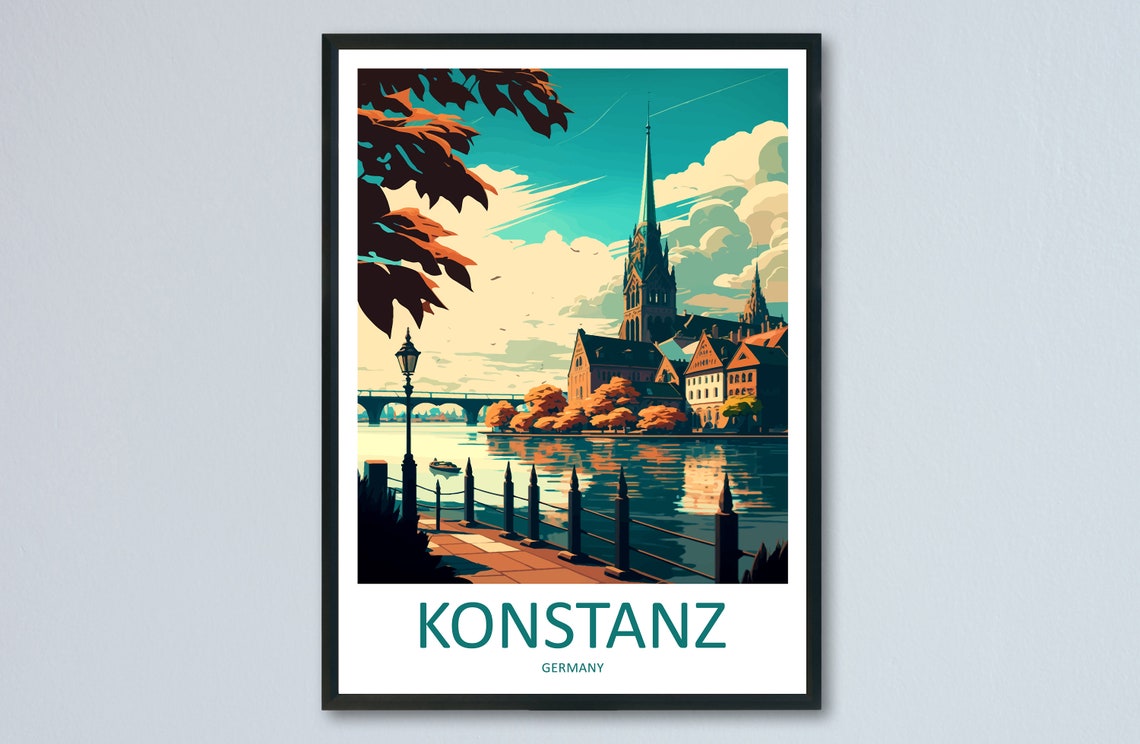 Konstanz Germany Cathedral Lake Sunset Promenade Travel Poster