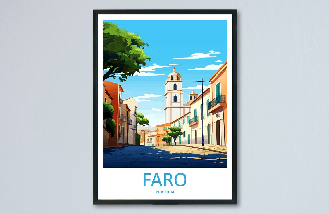 Faro Portugal Sunny Old Town Street with Church Tower Travel Poster