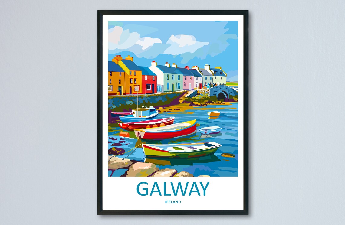 Galway Ireland Colorful Fishing Boats Harbor Town Travel Poster
