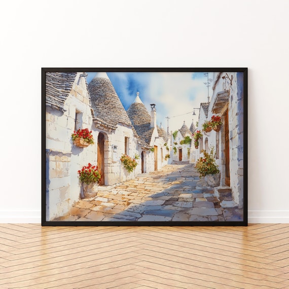 Alberobello Trulli Stone Houses Lane Watercolor Puglia Italy Poster