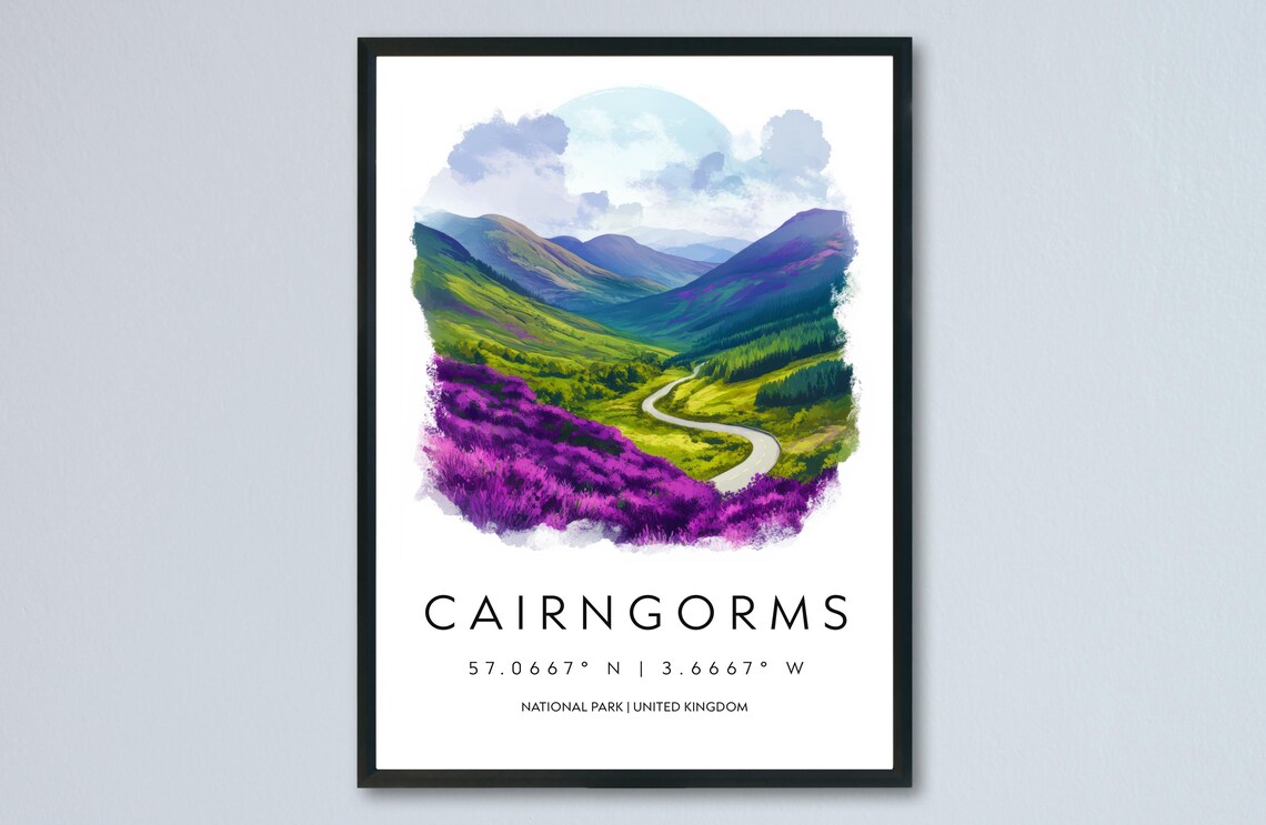 Cairngorms Heather Hills National Park Watercolor Travel Poster