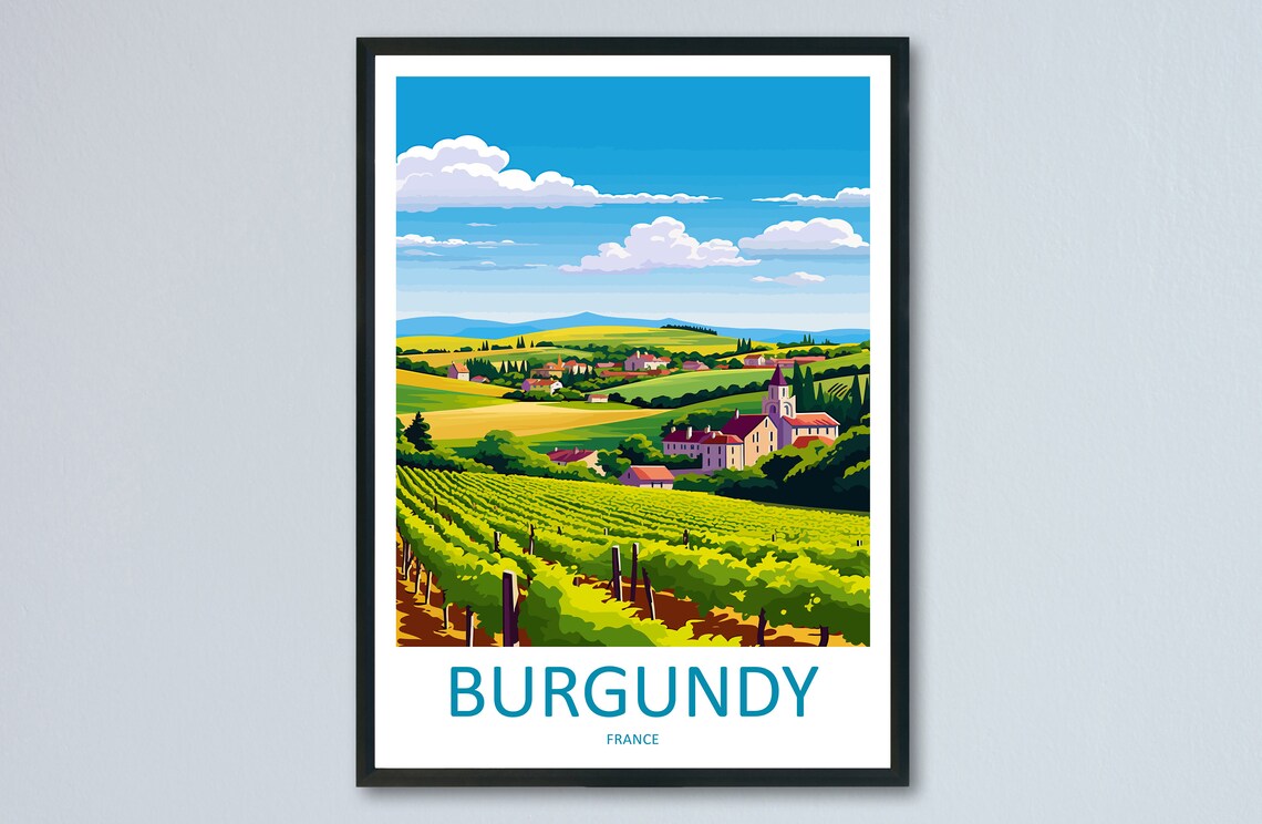 Burgundy France Vineyard Village Church Rolling Hills Travel Poster