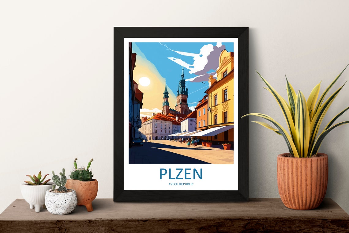 Plzen Czech Old Town Square Sunset Towers Travel Poster Europe - Image 3