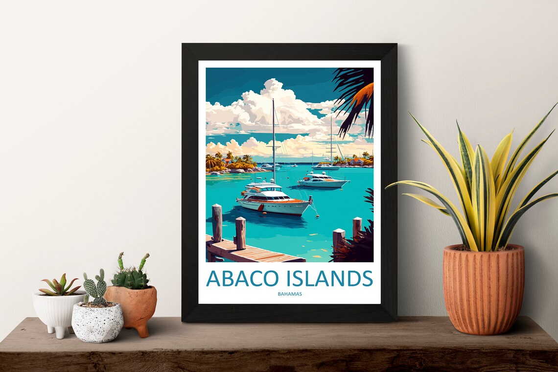 Abaco Islands Bahamas Turquoise Marina Boats Scenic Travel Poster - Image 3