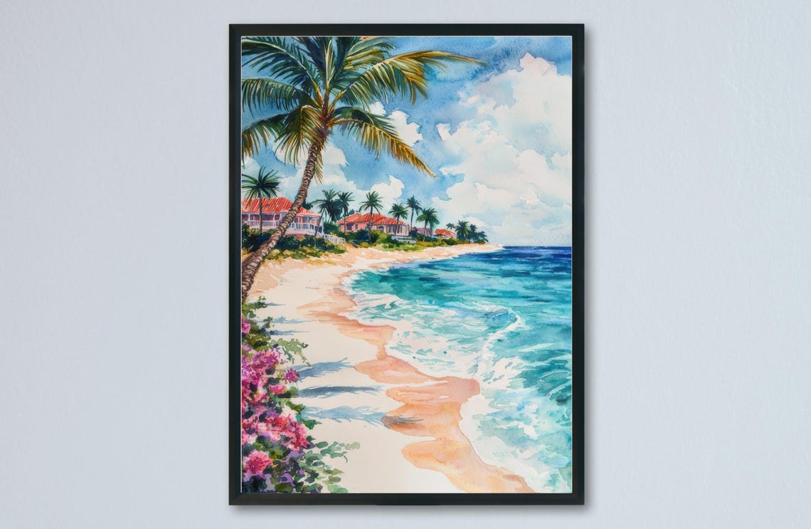 Barbados Watercolor Travel Poster, Caribbean Decor