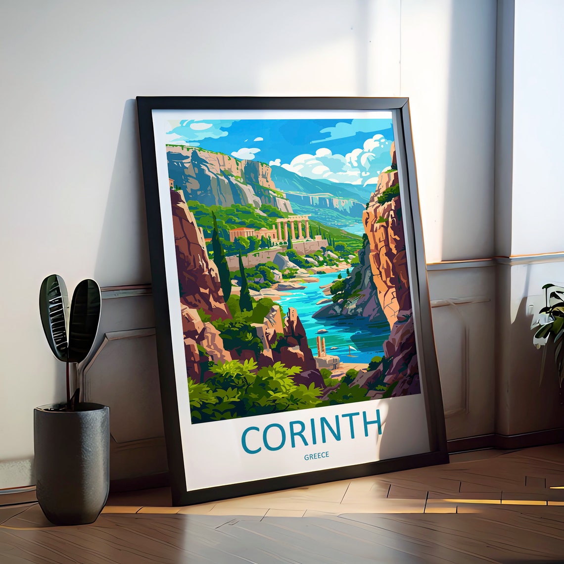 Corinth Ancient Temple Ruins in River Gorge Greece Travel Poster - Image 2