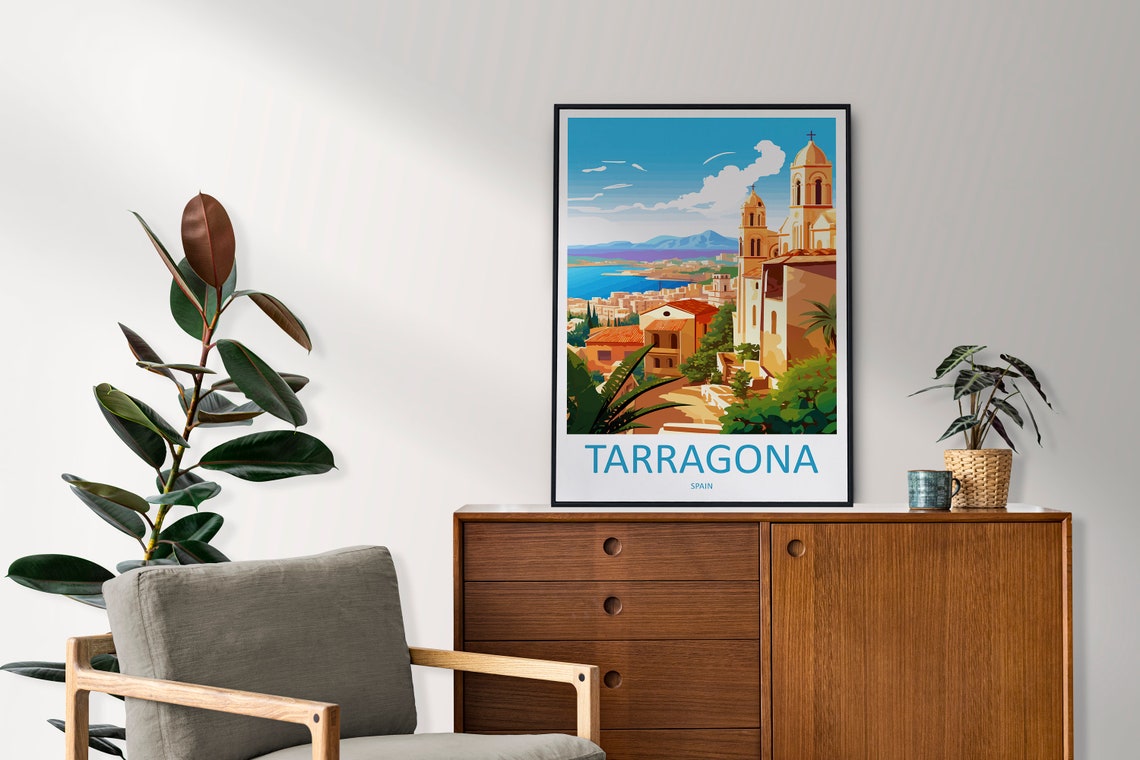 Tarragona Spain Cathedral Towers Mediterranean Sea View Retro Poster - Image 2