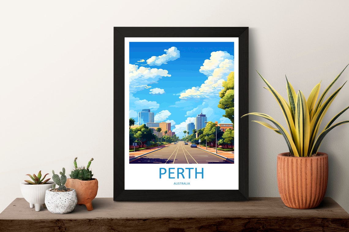 Perth Australia City Skyline Tree Lined Avenue Travel Poster - Image 3
