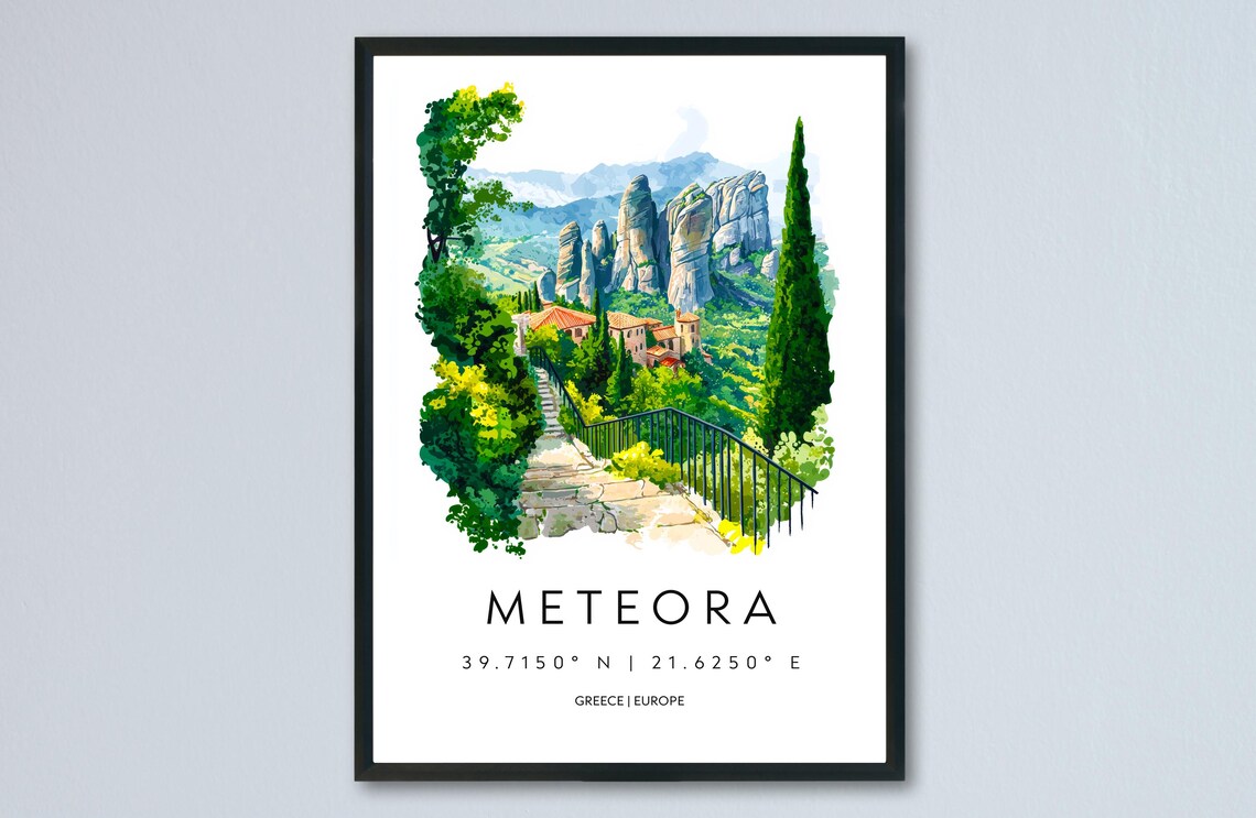 Meteora Greece Rock Monastery Towers Watercolor Travel Poster