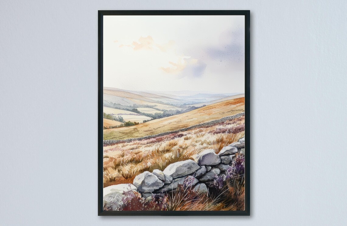 Peak District Moorland Heather Watercolor English Landscape Poster