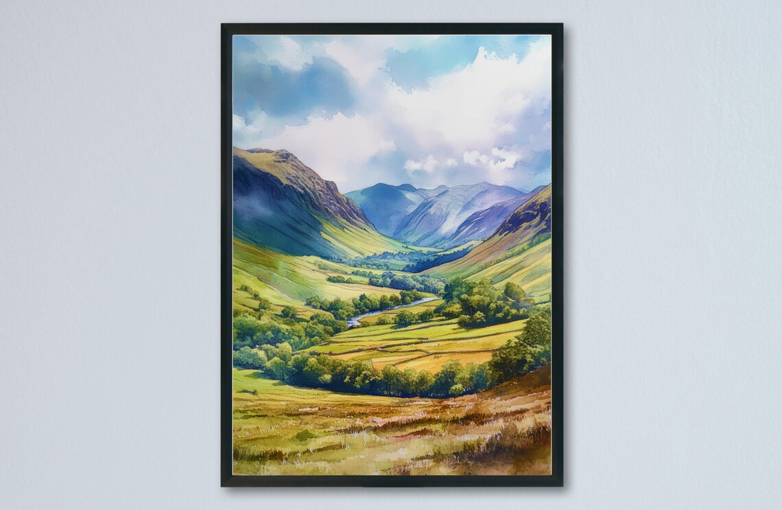 Newlands Valley Lake District Green Valley Hills Watercolor Poster