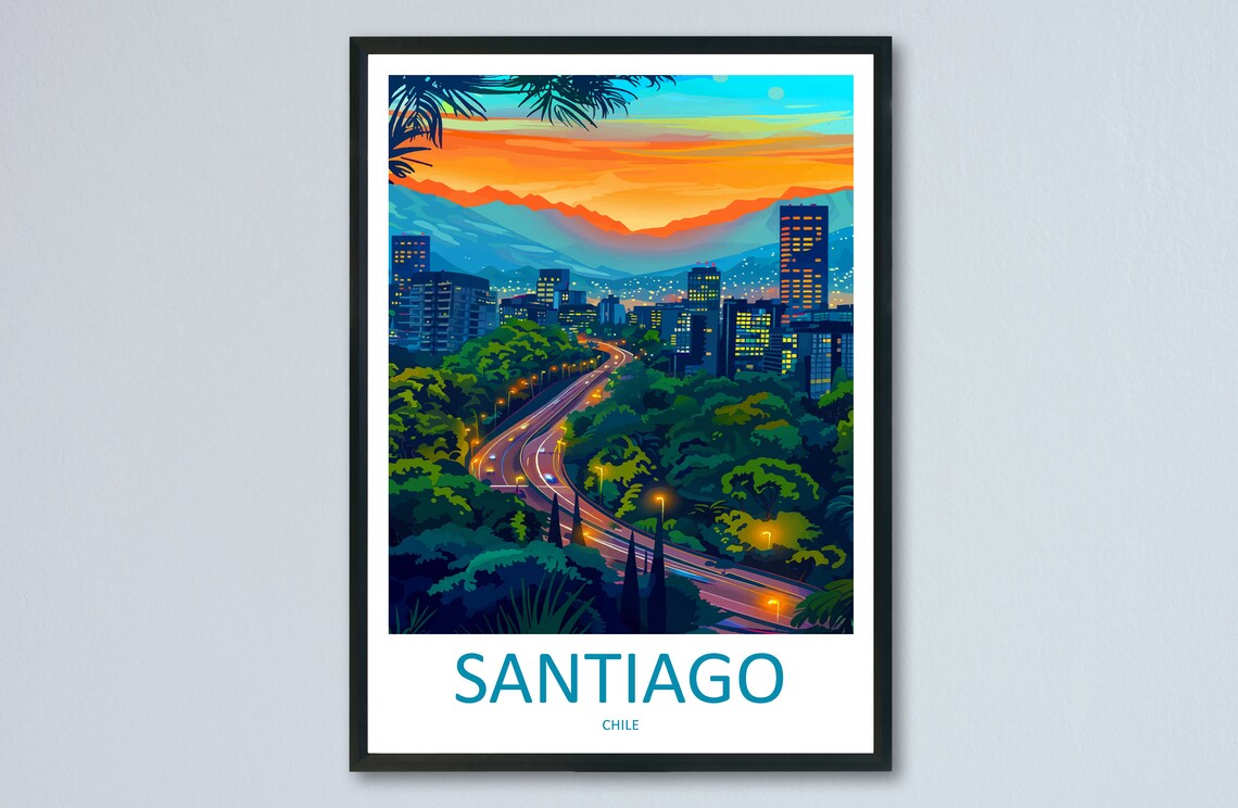 Santiago Chile Sunset City Skyline Vintage Illustration Travel Poster