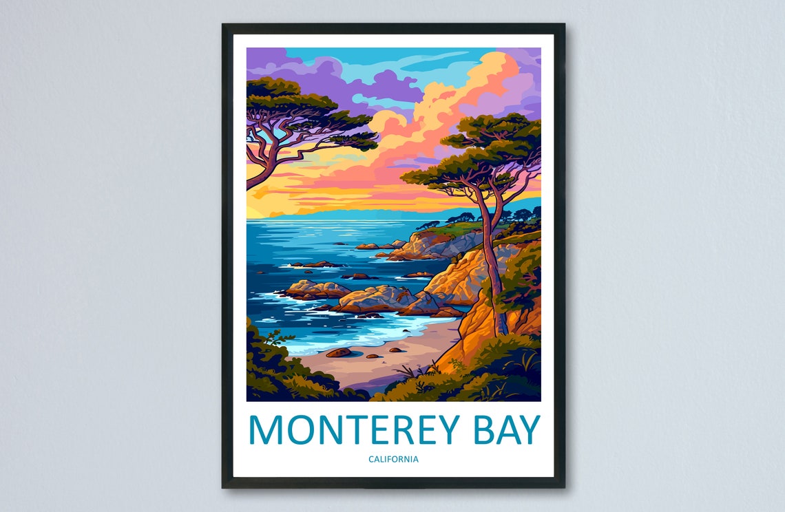 Monterey Bay California Sunset Coast and Cypress Trees Poster