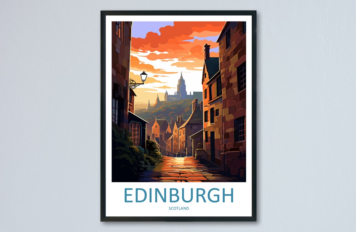 Edinburgh Scotland Cobblestone Alley Toward Castle at Sunset Poster