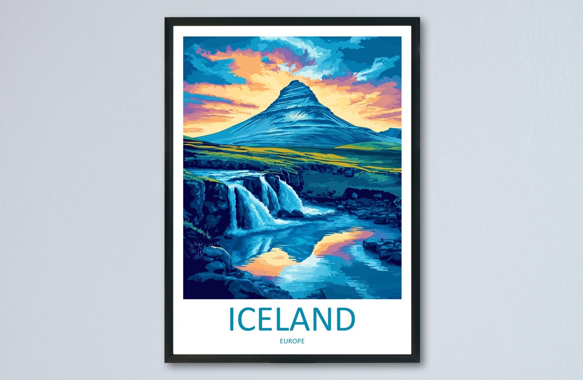 Iceland Kirkjufell Mountain and Waterfall at Colorful Sunset Poster