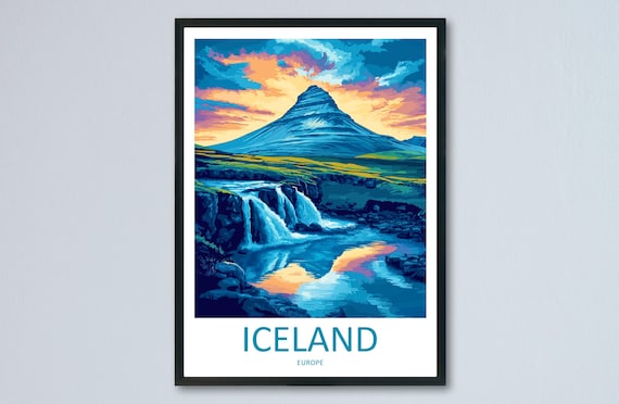 Iceland Travel Poster Nordic Wall Art Landscape Print Waterfall View Illustration Volcanic Decor Gift Souvenir Scene