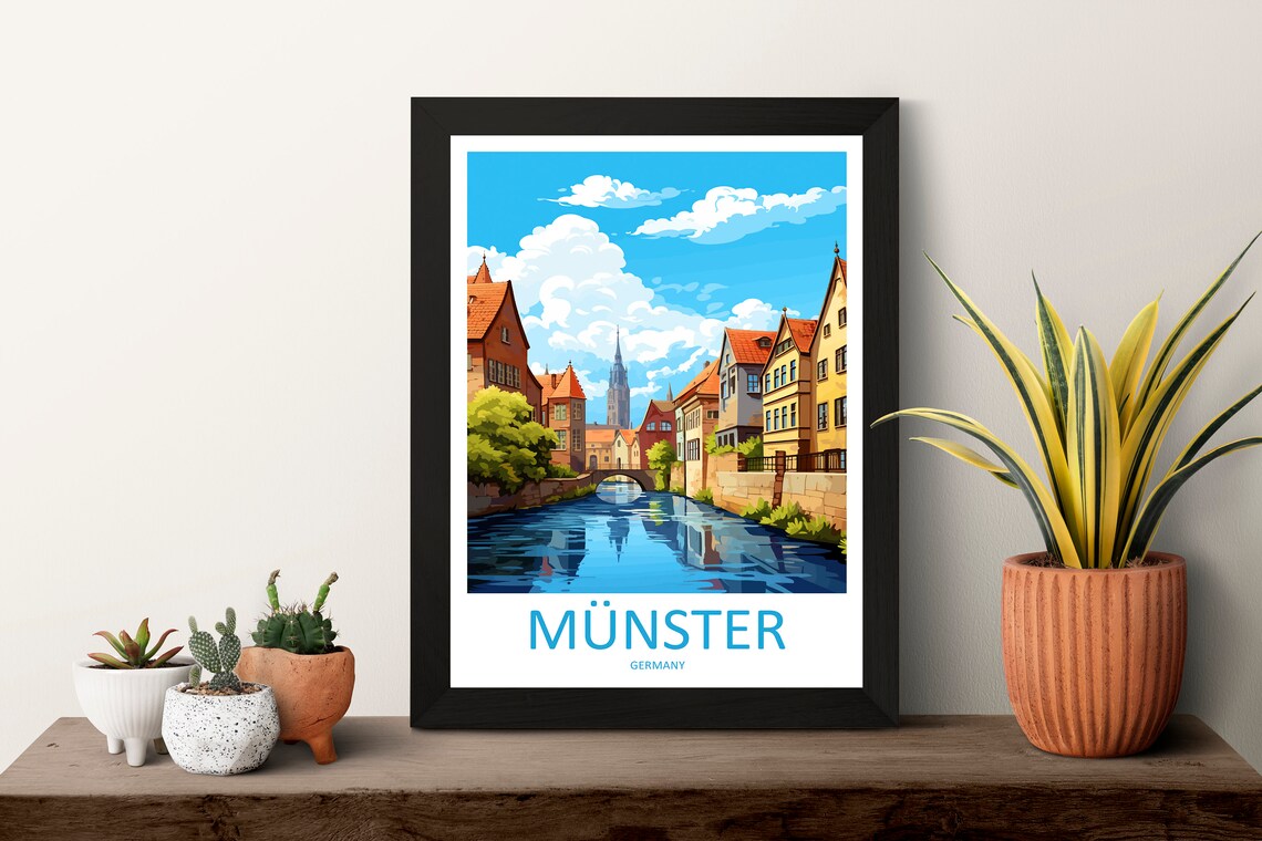 Munster Germany Canal Old Town Travel Illustration Art Poster - Image 3