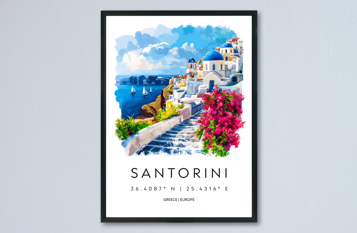 Santorini Greece Blue Dome Churches Watercolor Travel Poster