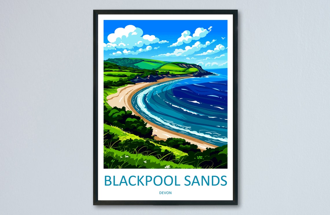 Vintage Blackpool Sands Devon Beach Curved Bay Seaside Travel Poster