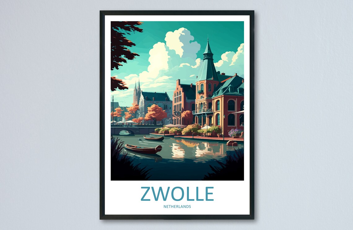 Zwolle Netherlands Canal Boats Historic Quay Vintage Travel Poster Art