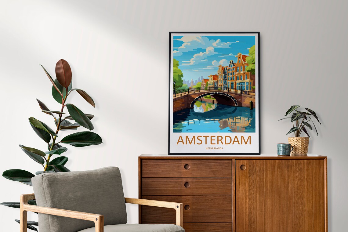 Amsterdam Netherlands Canal Bridge Gabled Houses Daytime Travel Poster - Image 2