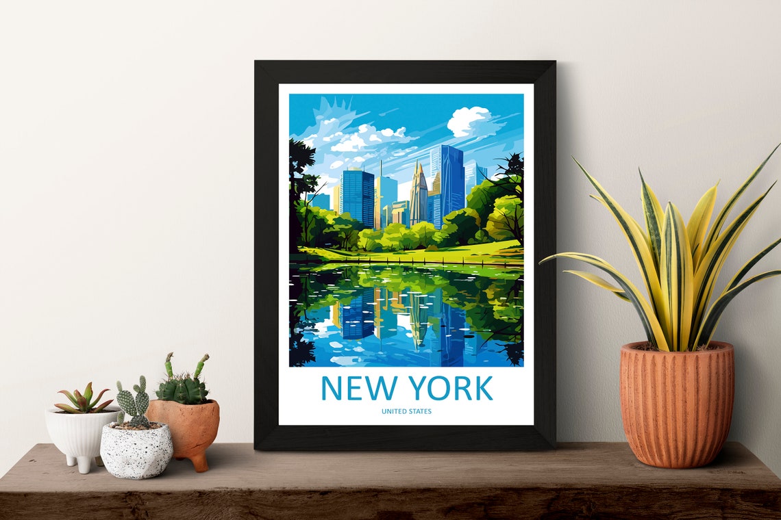 New York City Park Lake Reflections Skyline Pond Scene Travel Poster - Image 3