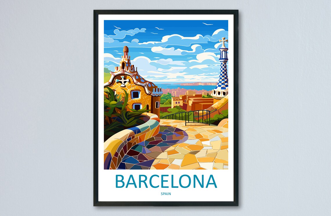 Barcelona Spain Park Guell Mosaic Terrace Vintage Travel Poster