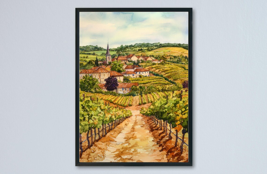 Burgundy France Vineyard Village Church France Watercolor Art Poster