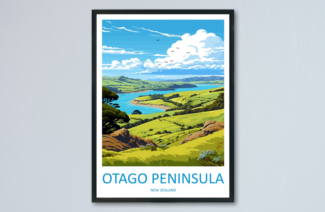 Otago Peninsula New Zealand Coastal Hills Vintage Style Travel Poster