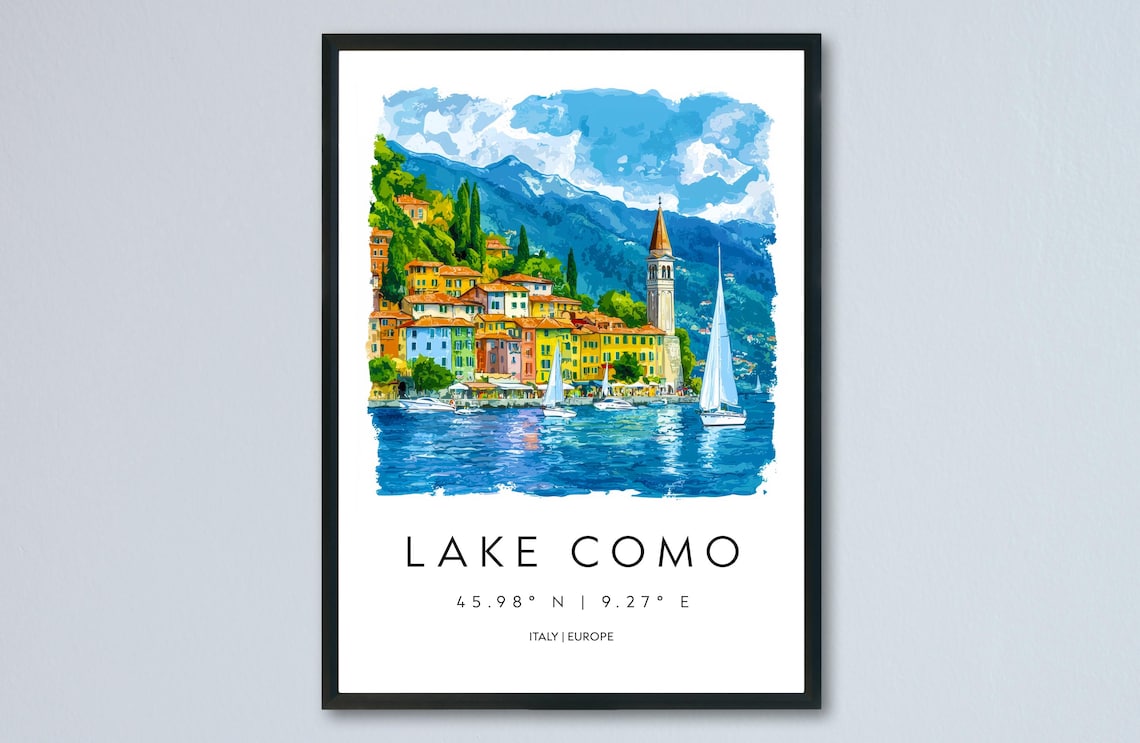 Lake Como Italy Colorful Lakeside Town Watercolor Travel Poster